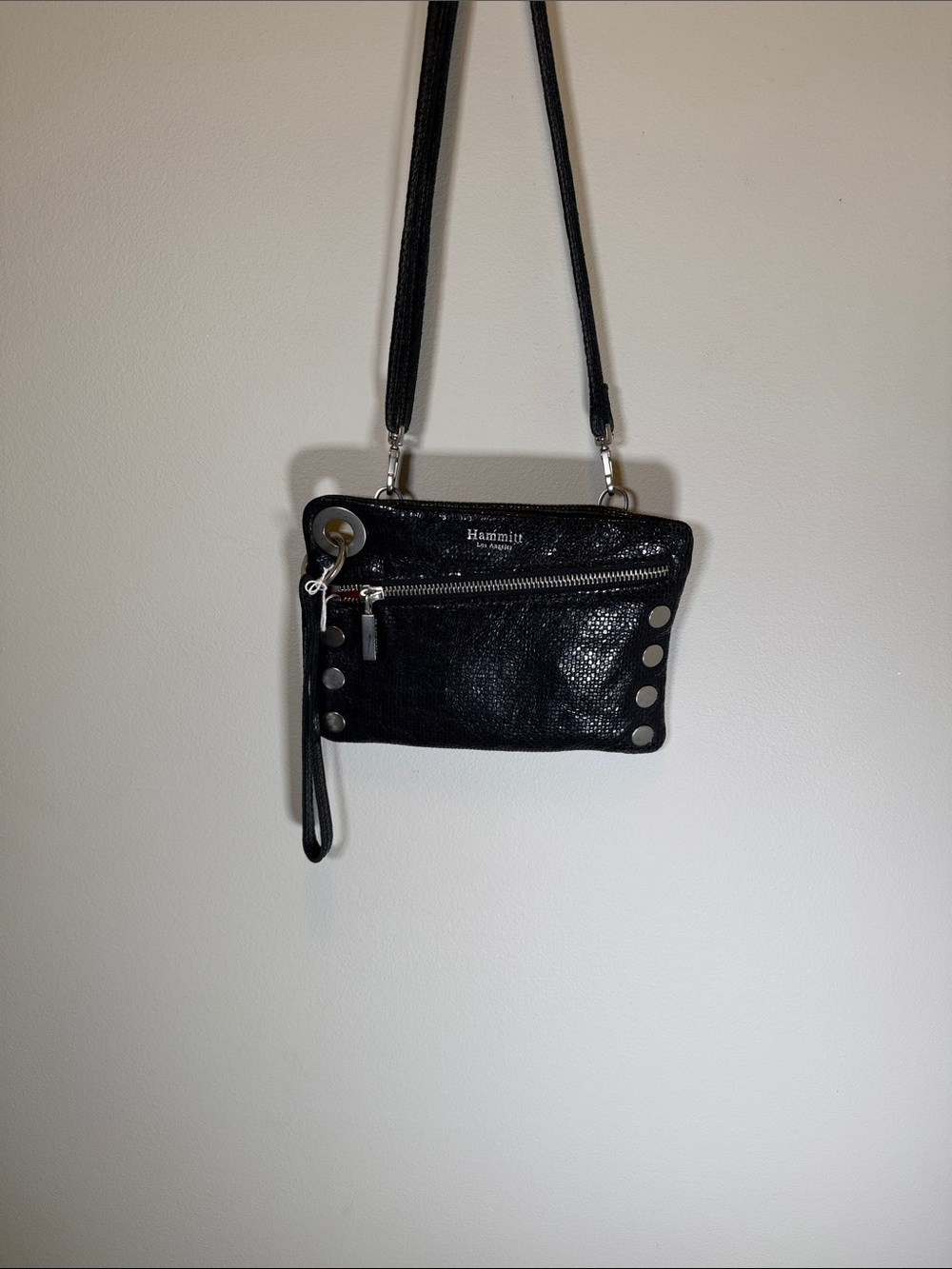 Hammitt Los Angeles Black Leather Crossbody Wristlet | EUC | Red Interior